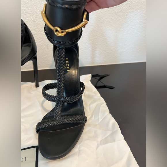 Gucci Black Leather & Gold Horse Bit Ankle Cuff Stiletto Heel Gladiator Sandal - Picture 5 of 15